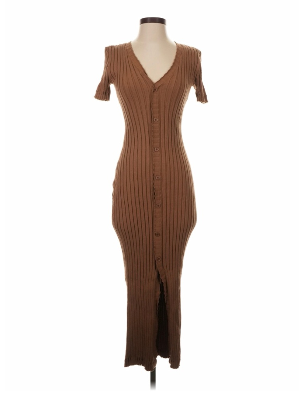 Endless Rose Brown Ribbed Button-Front Maxi Dress
